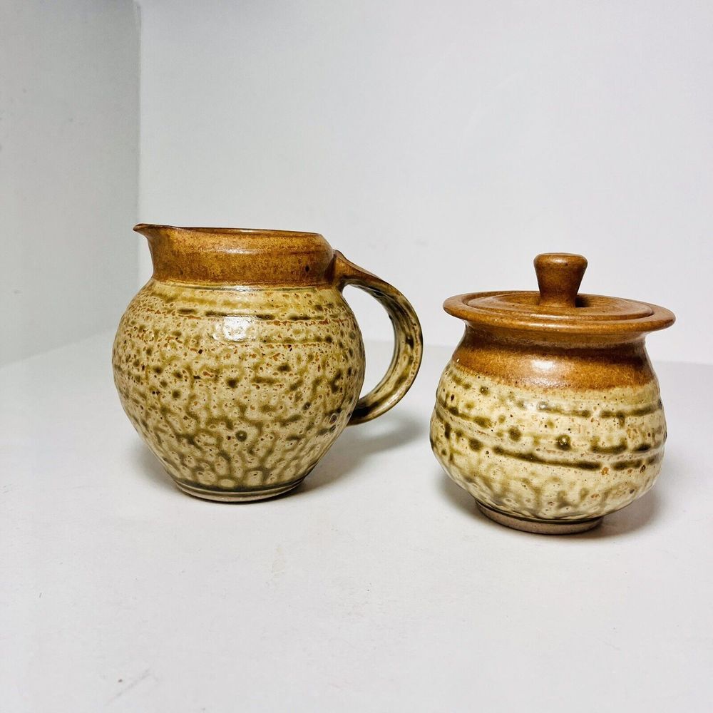 Salt Glazed Green Brown Pottery Sugar Jar Lid and‎ Creamer Pitcher Signed